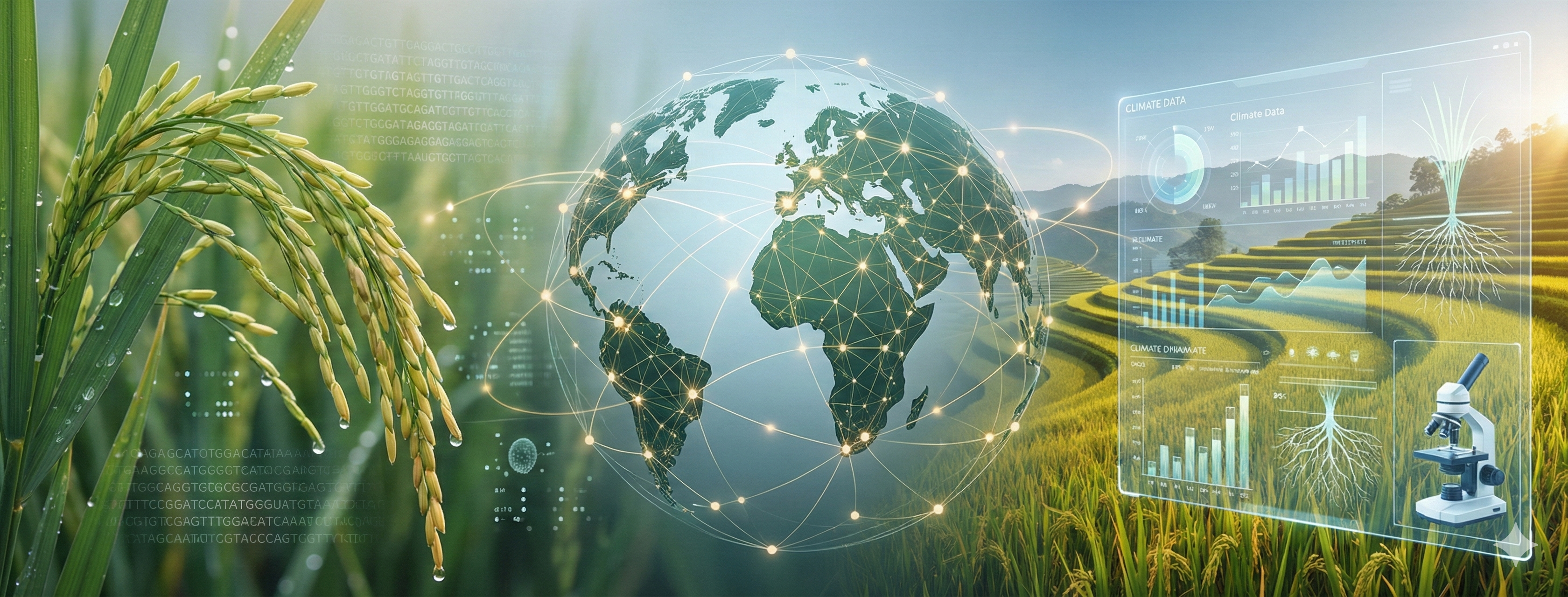 Rice field landscape with scientific overlay